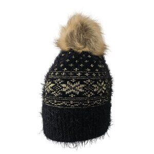 Unbranded Black Metallic Gold Furry Knit Beanie Faux Fur Pom-Pom Unisex OS